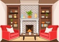 Room with fireplace, flat interior, colorful drawing, vector illustration. living room with burning fire, cabinets with vases, boo Royalty Free Stock Photo