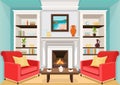 Room with fireplace, flat interior, colorful drawing, vector illustration. living room with burning fire, cabinets with vases, boo Royalty Free Stock Photo