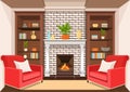 Room with fireplace, flat interior, colorful drawing, vector illustration. living room with burning fire, cabinets with vases, boo Royalty Free Stock Photo