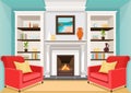 Room with fireplace, flat interior, colorful drawing, vector illustration. living room with burning fire, cabinets with vases, boo Royalty Free Stock Photo