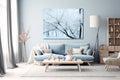 room home style interior furniture apartment blue modern wall design sofa. Generative AI. Royalty Free Stock Photo