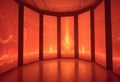 A room with four large screens displaying a fiery, abstract image. The screens are arranged in a curved pattern Royalty Free Stock Photo