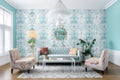 a room with a fresh wallpaper design in bold colors, complemented by pale blue walls and light furniture Royalty Free Stock Photo