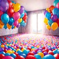 Room full of birthday balloons, vector illustration, aesthetically pleasing, generative AI