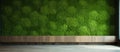A room featuring a green wall and a wooden bench with natural landscape elements Royalty Free Stock Photo