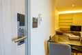 The room has a digital on off system. Electronic door handle with key card to lock and unlock door, access control keycard.