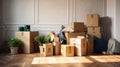 A room in a house with sunlight streaming through the window, illuminating a stack of cardboard boxes, suggesting a Royalty Free Stock Photo