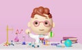 Room innovative education concept, 3d miniature cartoon boy character hand hold test tube with science experiment kit, desk in lab