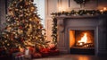 Christmas interior of a large cozy house with a Christmas tree and a fireplace, AI Royalty Free Stock Photo