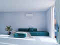 Room interior, air conditioner 3d render, 3d illustration cushion concept decor carpet