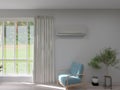 Room interior, air conditioner 3d render, 3d illustration minimal concept decor carpet