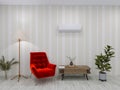 Room interior, air conditioner 3d render, 3d illustration cushion indoor decor carpet