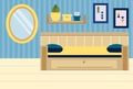 Room interior. Apartment in blue and yellow colors. Bedroom design with sofa, shelves, mirror Royalty Free Stock Photo