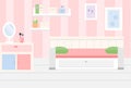 Room interior. Apartment in pink colors and white furniture. Girl bedroom design with sofa, shelves, mirror. Vector illustration.