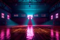 arena game neon background hall empty illuminated net interior corridor indoor basketball. Generative AI.