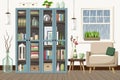 Room interior with bookcases, an armchair, and rain outside the window. Cartoon vector illustration