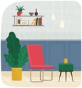 Room interior with colorful armchair, plants and coffee table for taking interview and podcasting