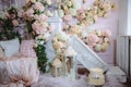 Room interior decorated with flowers. Concept of beautiful photostudio and design