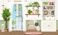 Room interior design with French doors, a bookcase, an armchair, and a big ficus tree. Cartoon vector illustration