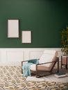 Room Interior design with Green Wall and Pattern floor. room mockup stylish, Retro living room interior