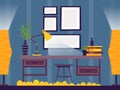 Room interior with desk and lamp, vector illustration. Cozy workplace, furniture for home and office. Evening light in Royalty Free Stock Photo