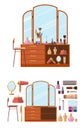 Room interior with dressing table. Woman cosmetics objects in flat style vector illustration. Furniture for female