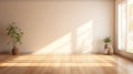 Room interior empty living room background with sunlight and shadows. Mockup wood table and parquet floor.