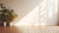 Room interior empty living room background with sunlight and shadows. Mockup wood table and parquet floor.