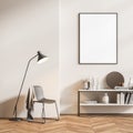 Room interior with empty poster, shelf, chair and lamp, beige