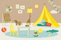 Room interior for kid, indoor home furniture, vector illustration. House playroom design, apartment with little table Royalty Free Stock Photo