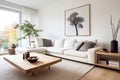 Room interior Scandinavian style living room with solid hardwood coffee table white fabric corner sofa Generative AI Royalty Free Stock Photo