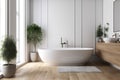 white modern luxury bathtub home architecture interior wood house bathroom room. Generative AI. Royalty Free Stock Photo