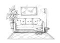 Room interior sketch. Apartment interior with sofa and lamp. House furniture. Hand drawn couch with cushions and home