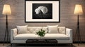 room interior, a small table with a vase and plants, a painting on the wall, a white leather sofa with pillows, two floor lamps Royalty Free Stock Photo