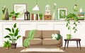 Room interior with a sofa, a table, pictures, and houseplants. Cozy living room interior design. Cartoon vector illustration Royalty Free Stock Photo