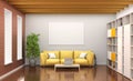 Room interior with yellow sofa, large windows,