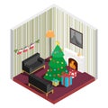 Room isometric with christmas tree,fireplace, santas sock Royalty Free Stock Photo