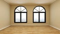 Room with khaki wall, wooden parquet floor, two antique windows, and sunlight. Royalty Free Stock Photo