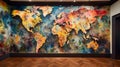 A room with a large colorful map of the world hanging on three created with generative AI Royalty Free Stock Photo