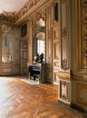 Room with large mirror, wood floor and fireplace at Versailles Palace, France