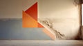 A room with a large orange triangle on the wall and an open window, AI Royalty Free Stock Photo