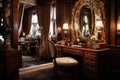 a room with large, ornate mirrors and a mahogany desk