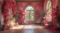 Interior of a living room decorated with pink bougainvillea flowers Royalty Free Stock Photo