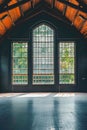 Room with large windows and wood accents on the wall. Generative AI Royalty Free Stock Photo