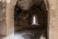 The room with loopholes on the corner tower in the medieval fortress Ash Shubak, standing on a hill near Al Jaya city in Jordan