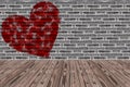 Room Made from Black brick wall and Wood Floor and Painted Red Heart Shape Royalty Free Stock Photo