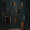 A room with many doors, one of which is broken. Royalty Free Stock Photo