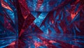 A room with metallic, reflective walls, creating a geometric, angular space with a futuristic and modern aesthetic. The