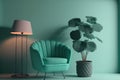 In a room with a mint lampshade, there is an armchair and a potted plant