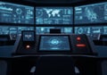 Room with multiple digital screens displaying maps, graphs, and Royalty Free Stock Photo